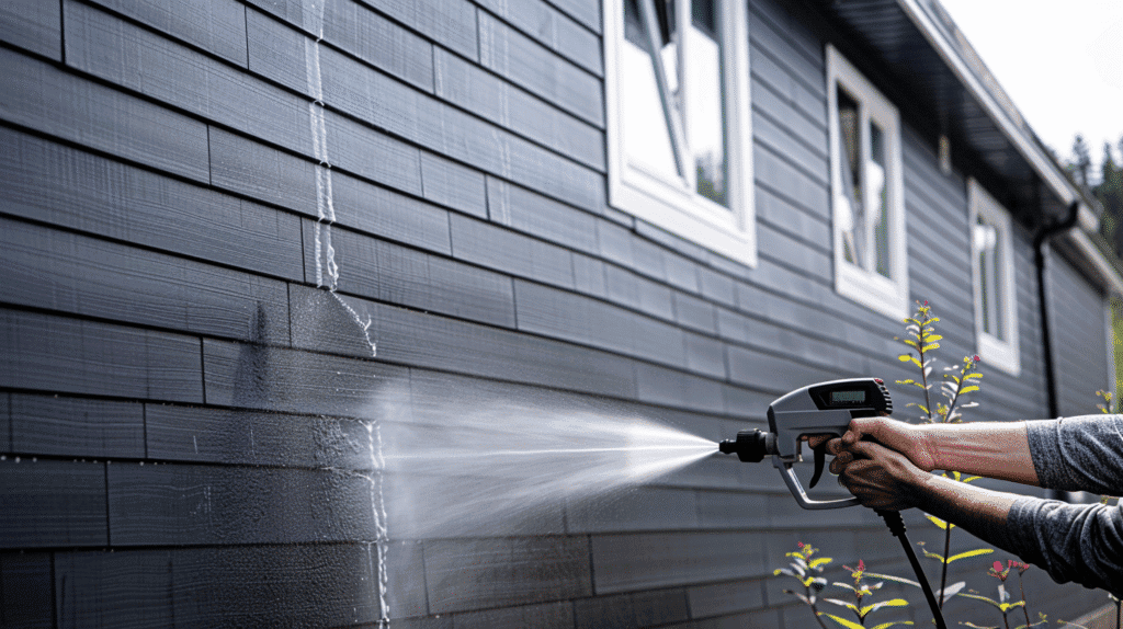 Professional pressure washing exterior house siding with high-pressure sprayer - Concord's Handyman Crew gutter and exterior maintenance services in Concord NC