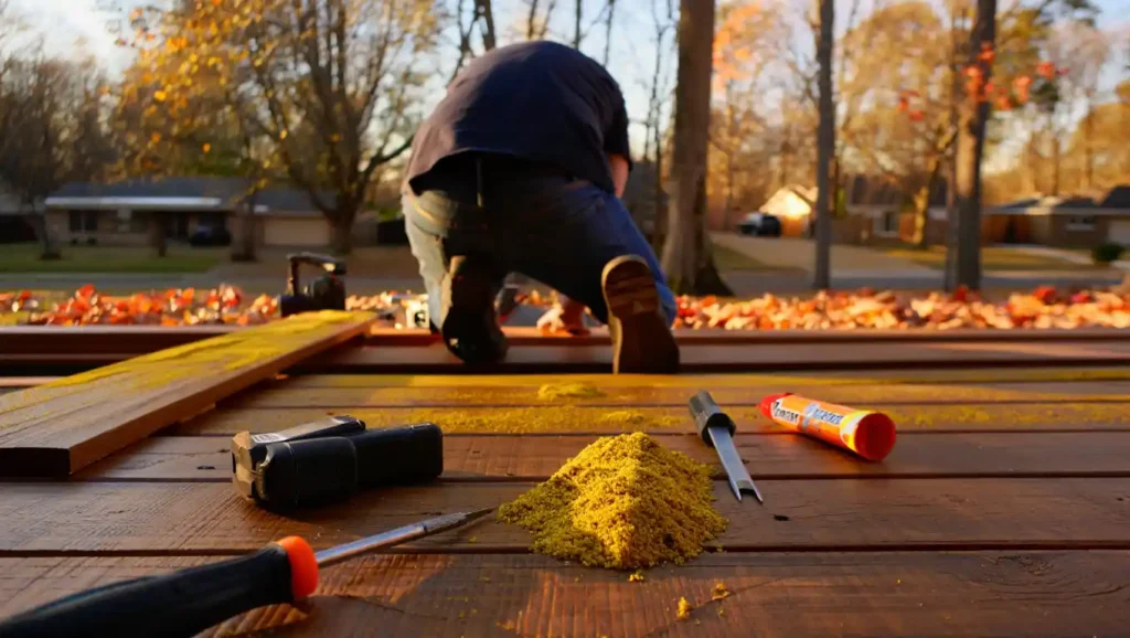 Contractor performing autumn deck maintenance with tools scattered on wooden planks during seasonal repair work. Deck maintenance in Concord NC showing Concord's Handyman Crew deck services