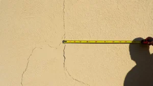 Hand measuring diagonal wall crack with tape measure on textured plaster surface during damage assessment. Wall crack repair in Concord NC showing Concord's Handyman Crew drywall services