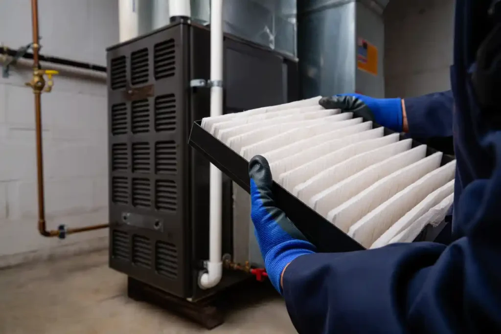 HVAC technician replacing dirty furnace filter in residential heating system during routine maintenance check. HVAC maintenance in Concord NC showing Concord's Handyman Crew HVAC services