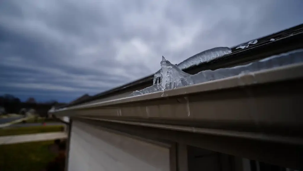 Ice formation blocking residential gutter system during winter storm with potential for backup and roof damage. Gutter repair in Concord NC showing Concord's Handyman Crew gutter services
