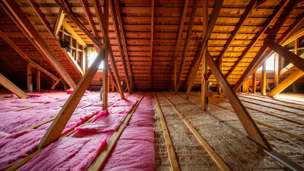 Pink fiberglass insulation batts installed between attic joists with exposed wooden roof structure and natural lighting. Attic insulation in Concord NC showing Concord's Handyman Crew insulation services