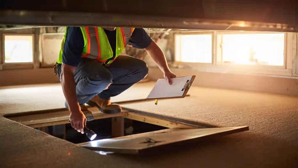 Safety-vest technician inspecting crawl space with clipboard and flashlight during professional structural assessment. Crawl space inspection in Concord NC showing Concord's Handyman Crew inspection services