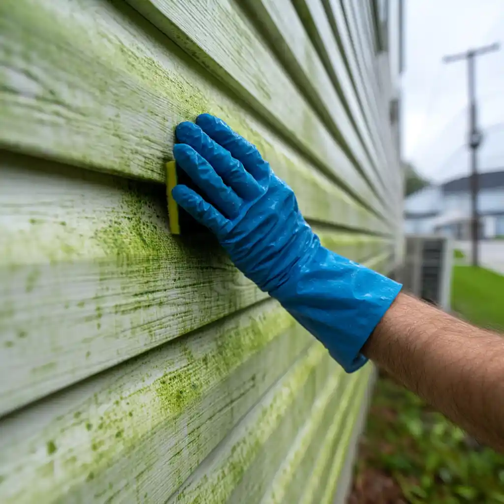Gloved hand scrubbing green algae and mildew from vinyl siding during exterior house wash and maintenance. Siding cleaning in Concord NC showing Concord’s Handyman Crew exterior cleaning services