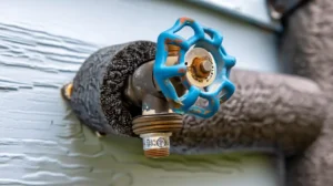 Close-up of weathered outdoor water valve with corrosion showing need for pre-winter inspection and maintenance. Pre-winter plumbing inspection in Concord NC showing Concord's Handyman Crew plumbing services