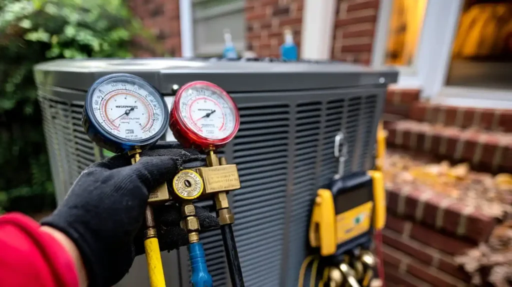 HVAC technician testing pressure gauges on outdoor unit during pre-winter heating system maintenance check. Pre-winter HVAC inspection in Concord NC showing Concord's Handyman Crew HVAC services