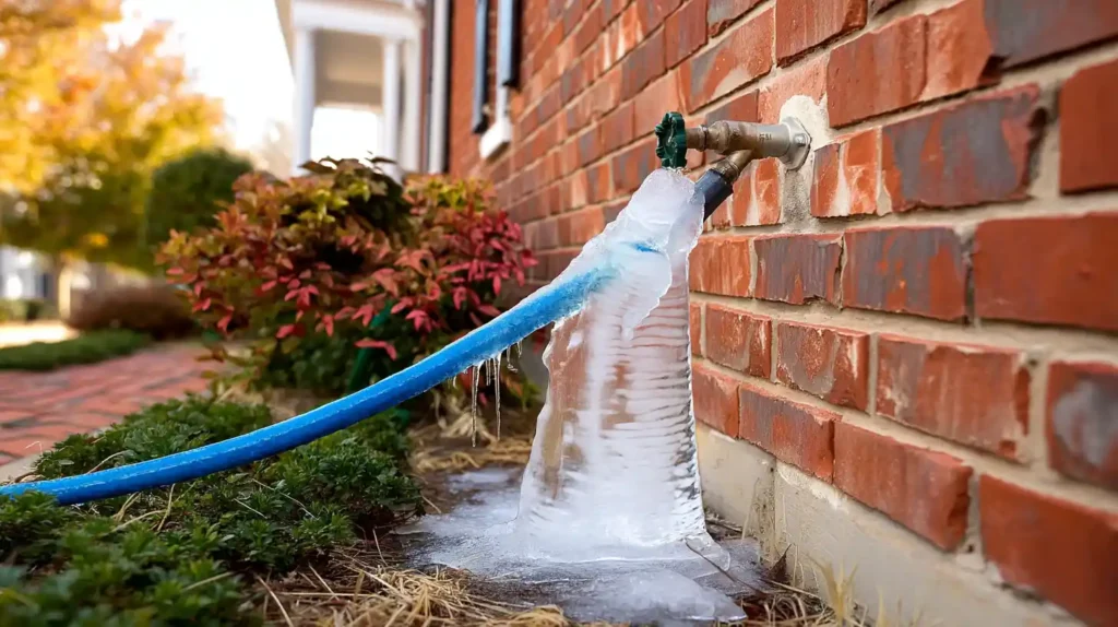 Ice-covered outdoor water hose and spigot showing freeze damage during winter weather requiring preventive maintenance. Outdoor faucet winterization in Concord NC showing Concord's Handyman Crew plumbing services