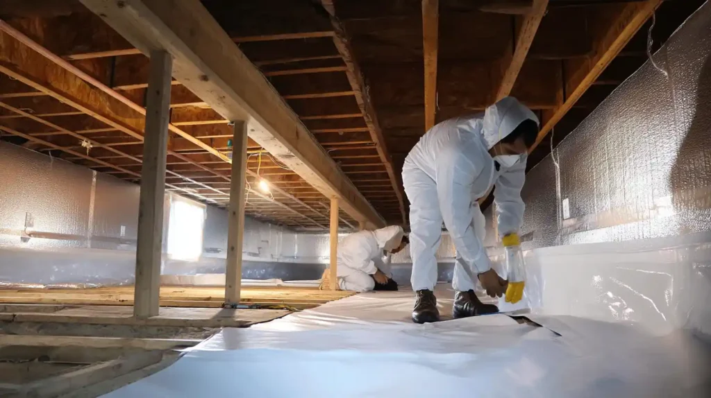 Technicians installing vapor barrier in residential crawl space with reflective insulation during winter preparation work. Crawl space winterization in Concord NC showing Concord's Handyman Crew insulation services