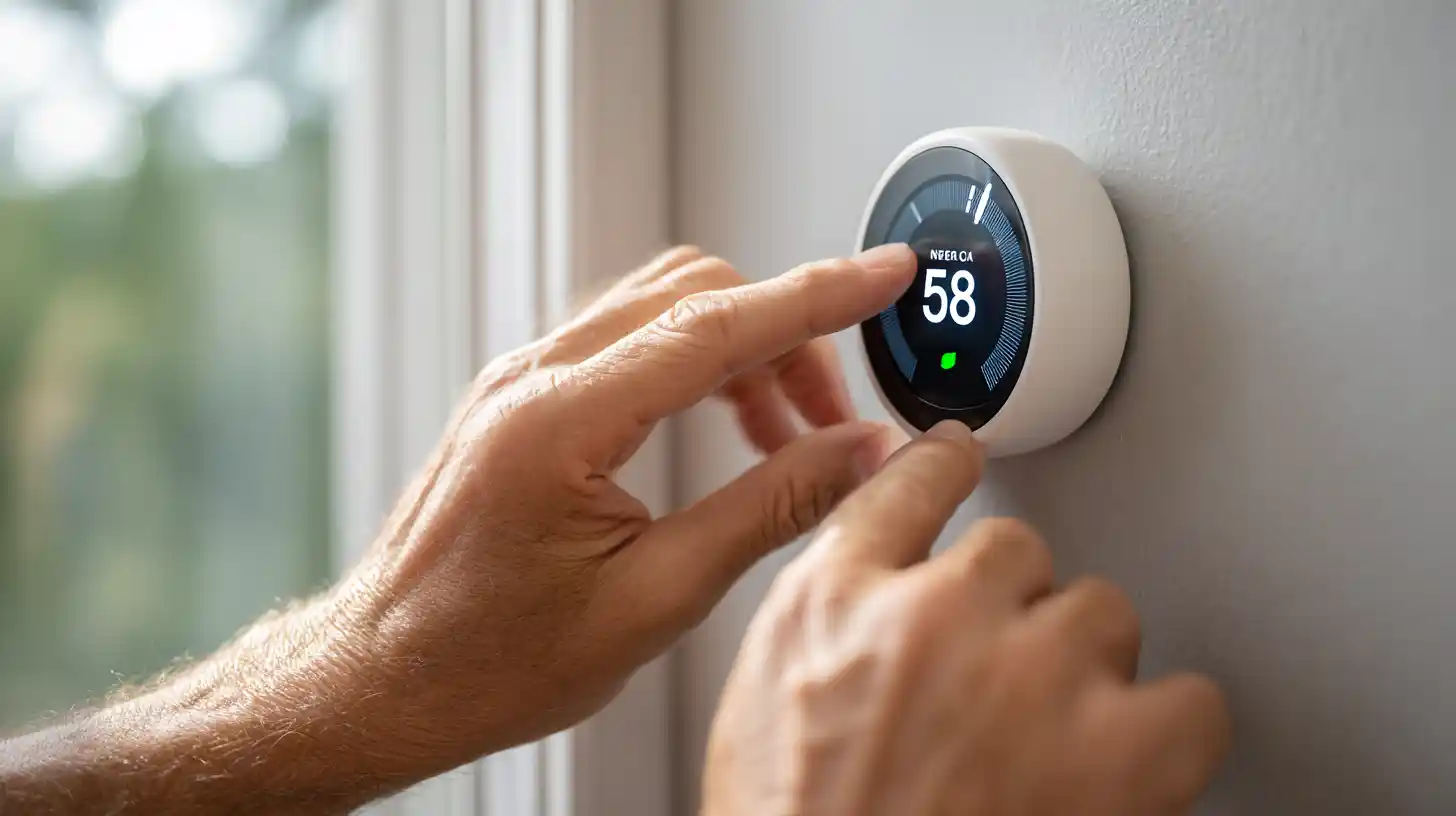 Smart thermostat displaying 58 degrees for optimal pipe protection during winter vacation in Concord NC