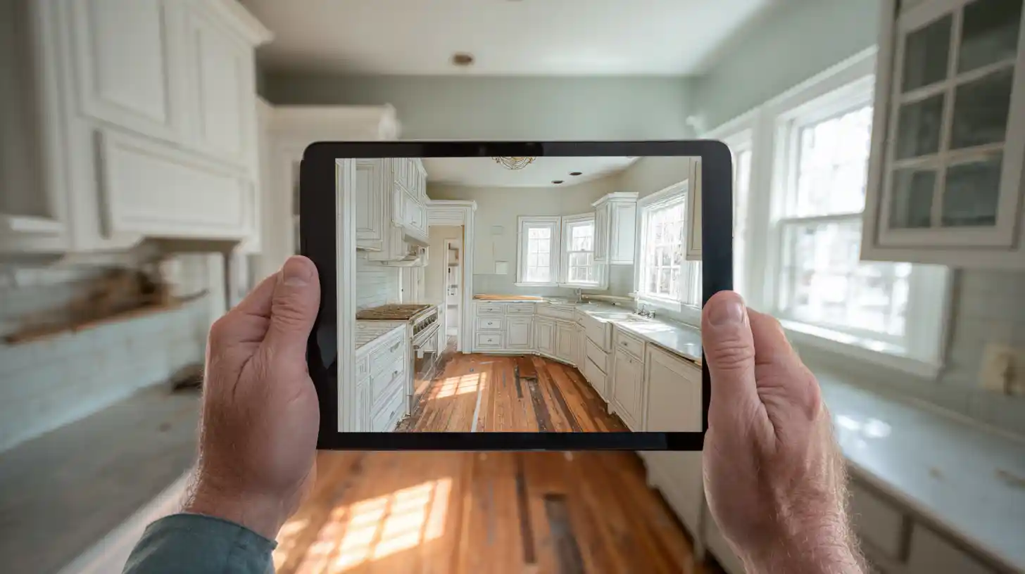 Kitchen remodel planning with tablet showing finished design for Concord NC home renovation