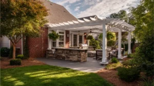 White shaker cabinet island under construction with gold hardware and raw wood countertop base in sunlit kitchen during 2026 remodel. Kitchen remodel in Concord NC showing Concord's Handyman Crew kitchen renovation services