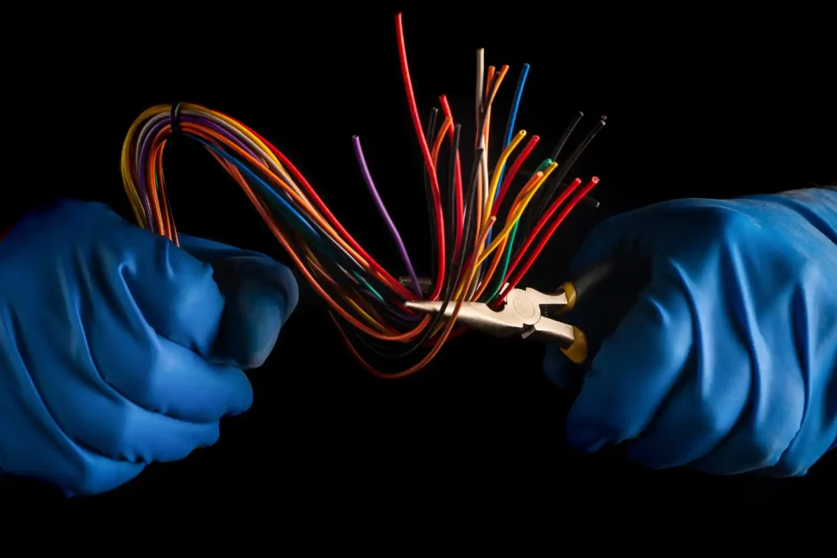 Professional electrician in blue gloves stripping and preparing colorful electrical wires for safe connections - Concord's Handyman Crew electrical services in Concord NC