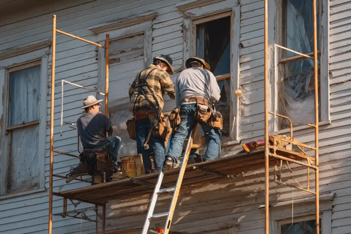 Three technicians on scaffolding repairing exterior siding and windows on a two-story home in Concord, NC. Exterior repair in Concord NC showing Concord’s Handyman Crew exterior repair services